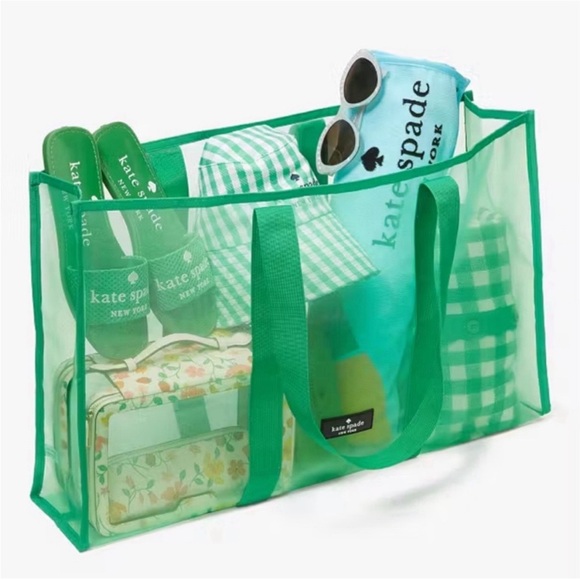 ♠️ kate spade Logo Mesh Packable Canvas Beach Shopping Picnic Weekender Tote - Picture 7 of 7